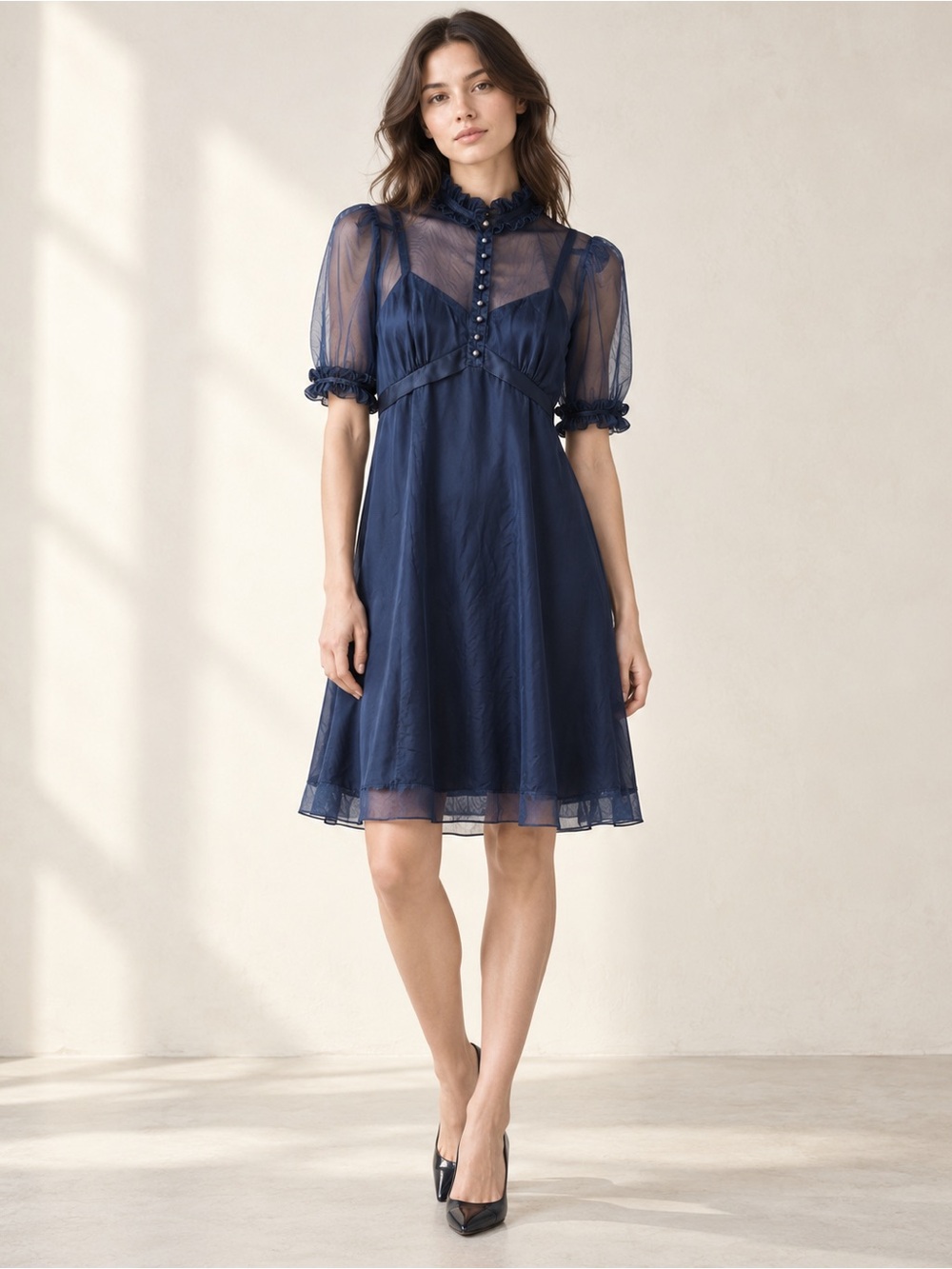 Marc Jacobs 100% Silk Navy Sheer Ruffle Babydoll Dress 4